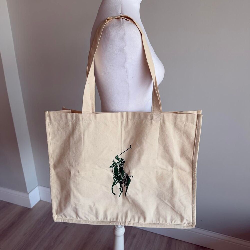 Polo Ralph Lauren Cream Green Large Canvas Tote Bag Pony Logo Preppy Equestrian
